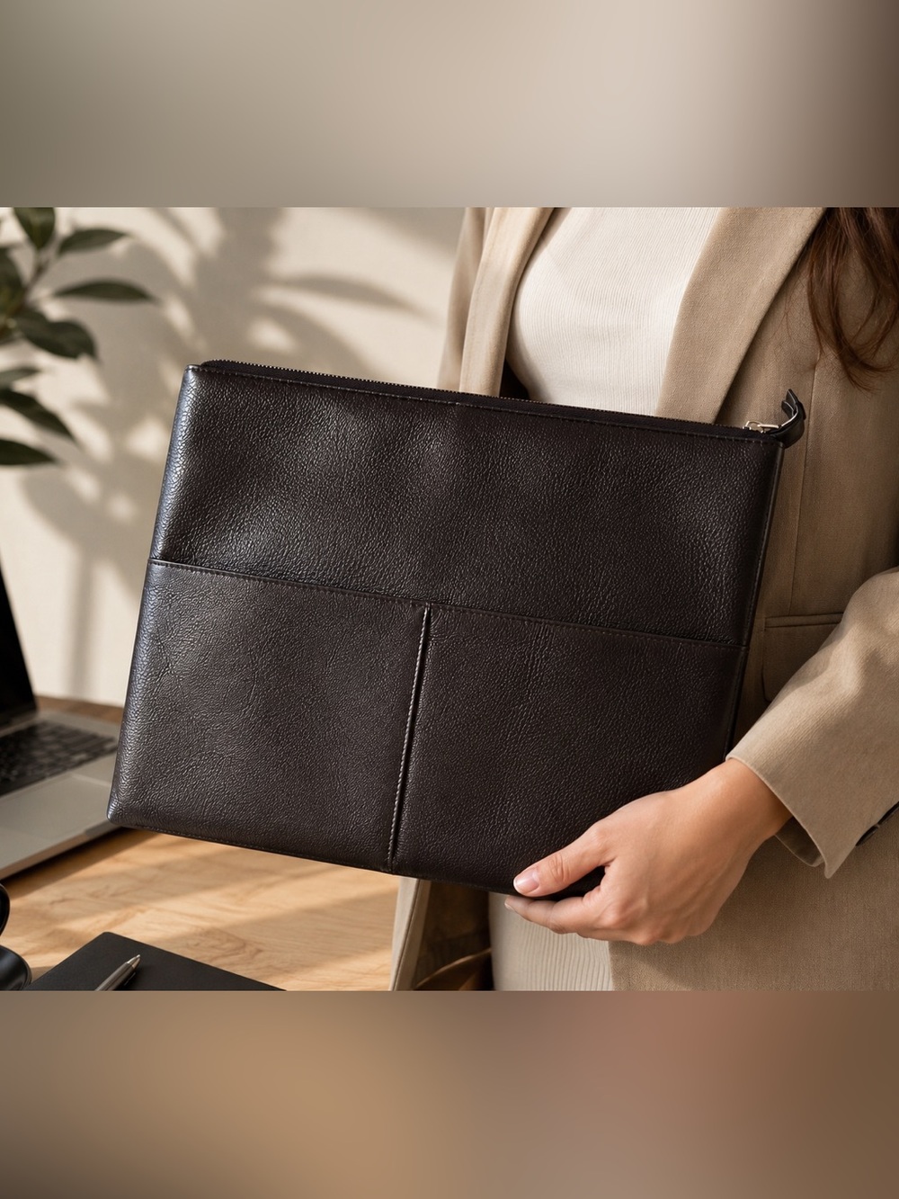 Black pebbled Leather Zip laptop sleeve Portfolio Briefcase